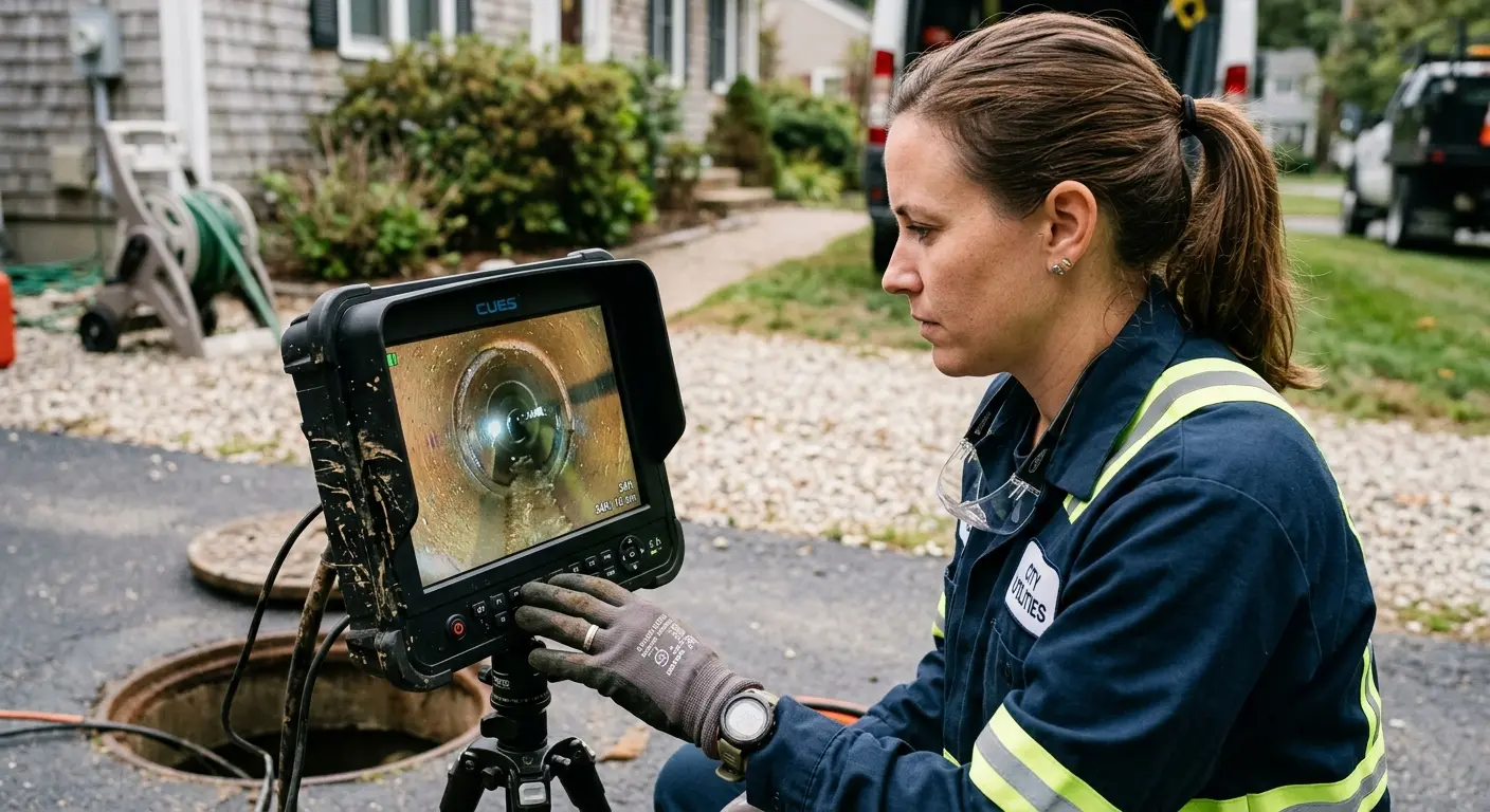 Technician reviewing sewer camera inspection footage in Lovington