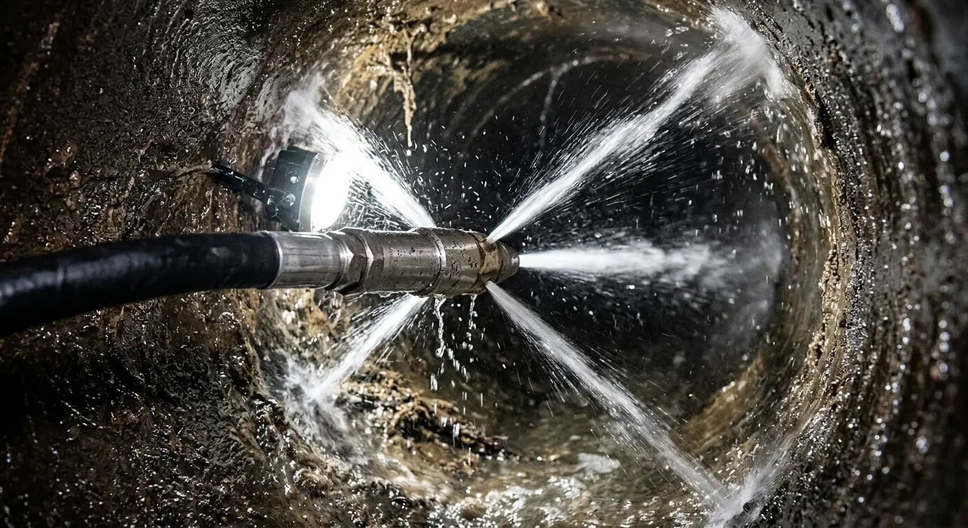 High-pressure hydro jetting nozzle cleaning sewer pipe for Trenchless Sewer Repair in Lovington