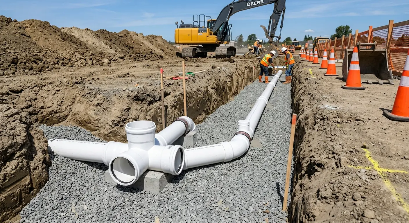 New PVC sewer pipe installation in open trench for Sewer Backup in Lovington
